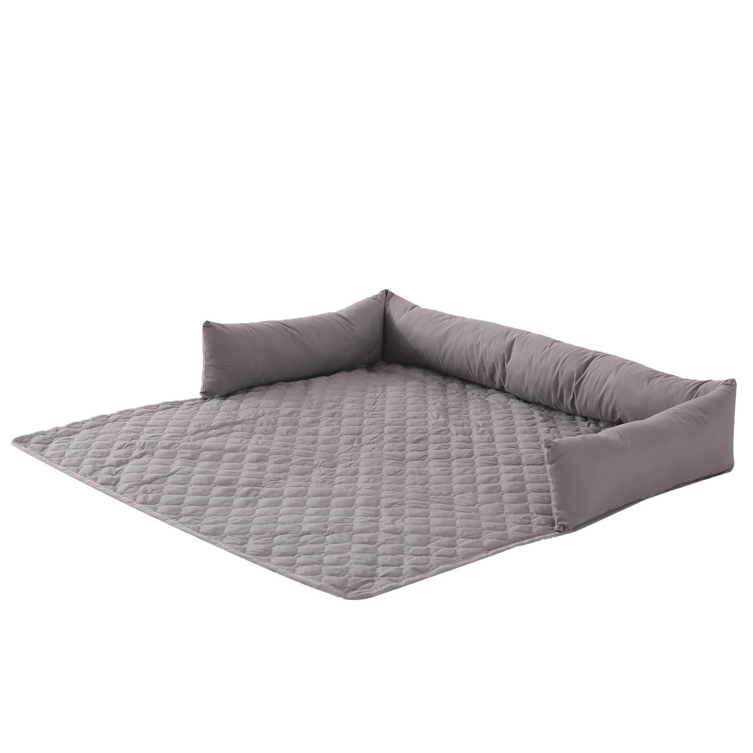 Grey quilted foldable pet mat, L-shaped removable bolster dog cat pad, multi-purpose non-slip pet sofa cushion