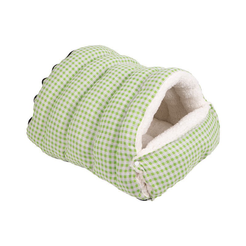 Green white check tunnel pet bed, sherpa lining semi-enclosed cave cat bed, foldable warm sleeping bag nest for small pets in autumn winter