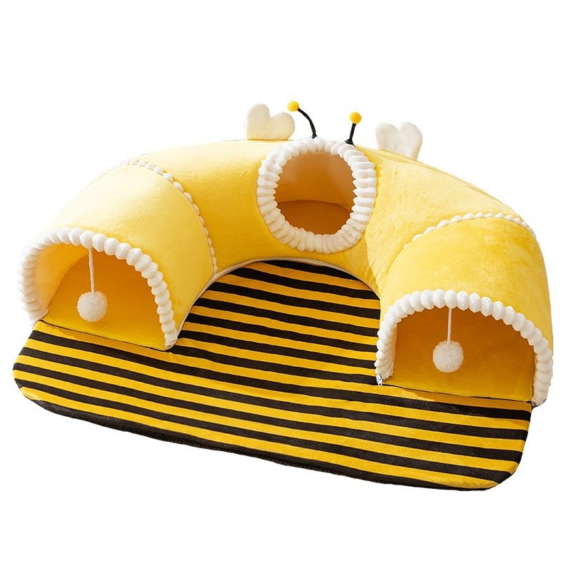 Bee shaped U-type cat tunnel bed, 3 openings plush cat tunnel play bed with pompom toys, detachable play pet nest