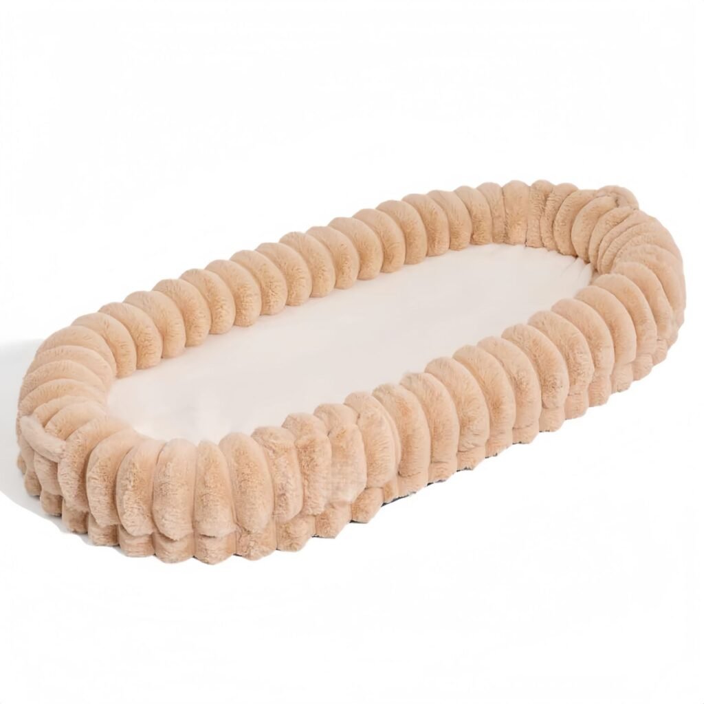 Light khaki ruched plush oval pet bed, 3D gathered bolster dog cat couch, soft warm luxury pet sleeping nest