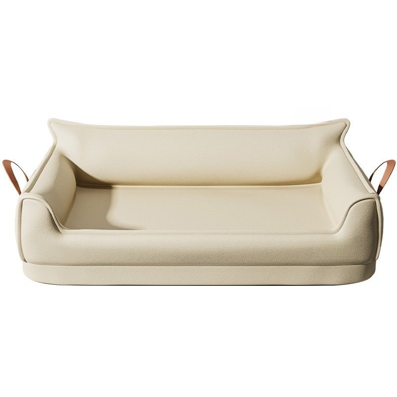 Beige faux leather luxury pet sofa bed, waterproof scratch-resistant dog cat bed with leather carry handles, removable washable square pet couch