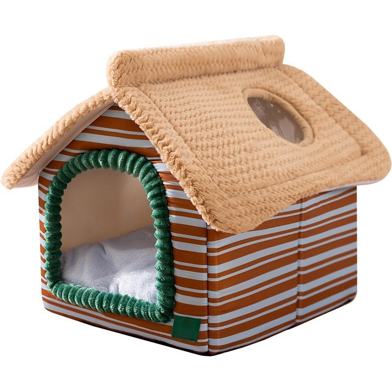Striped house-shaped pet cave bed with transparent viewing window, plush roof removable washable dog cat house, enclosed warm pet hut for autumn winter