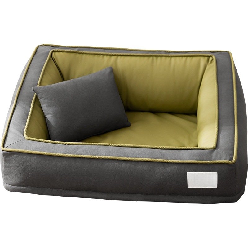 Grey-green contrast square pet sofa bed with matching pillow, removable washable bolster dog bed, durable fabric cat & dog couch
