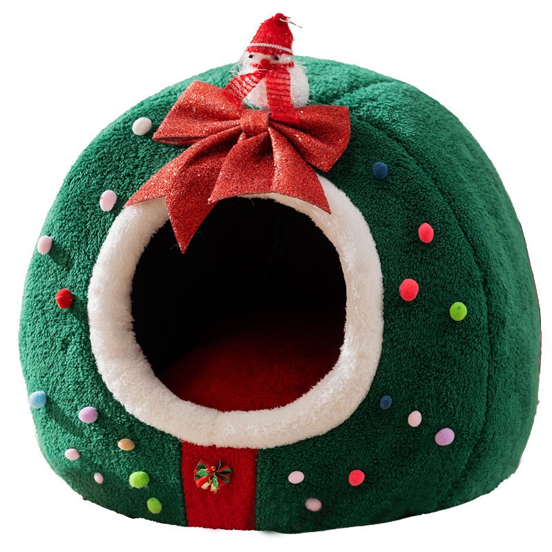 Christmas themed spherical enclosed pet bed, Christmas tree shape with bow and snowman decor plush cat cave, warm winter hut for small dogs & cats