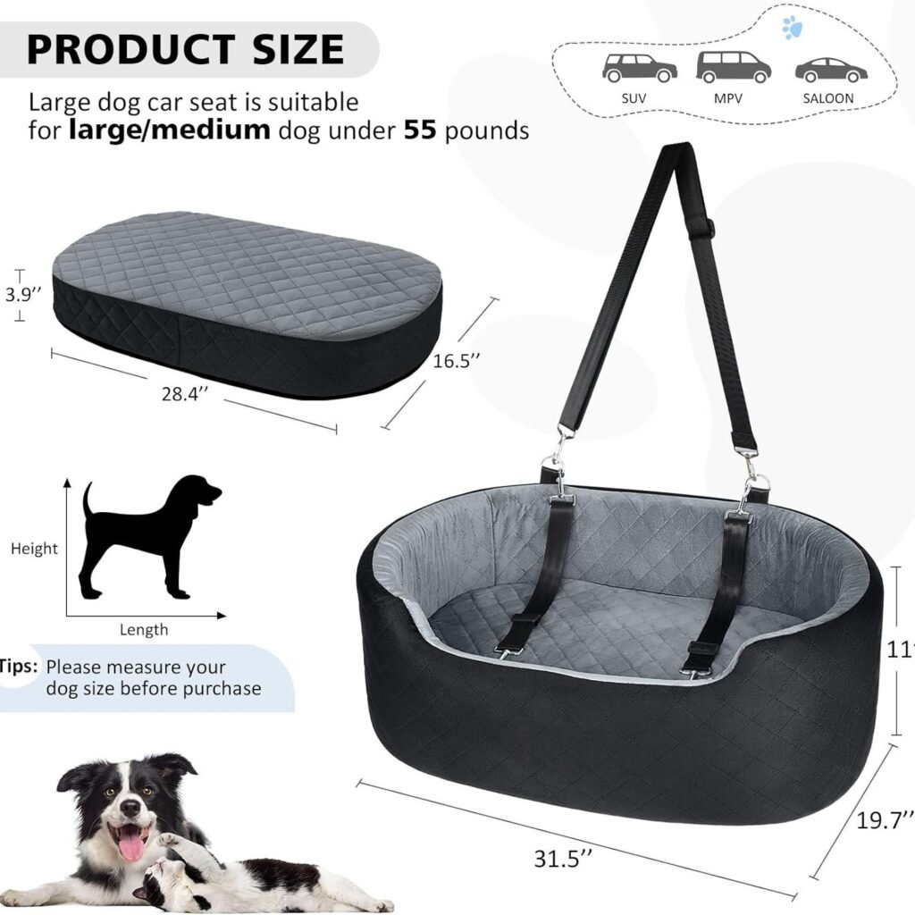 Medium large dog car booster seat, safety belt fixable pet car seat, diamond quilted removable washable dog car bed for SUV MPV sedan