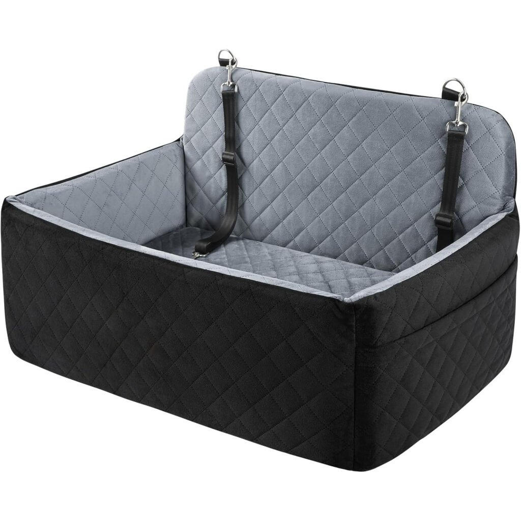 Black grey contrast diamond quilted dog car seat with 2 safety tethers, raised bolster pet car booster seat, removable washable pet car bed