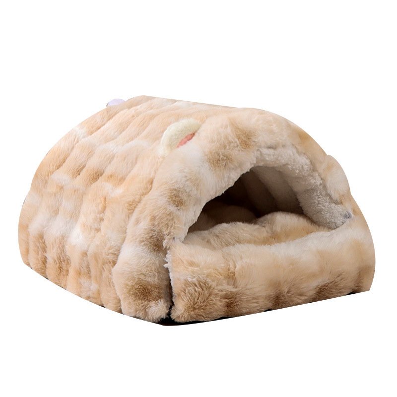 Gradient plush semi-cave pet bed with 3D ears, semi-enclosed cat cave, thick warm tunnel plush nest for small dogs & cats