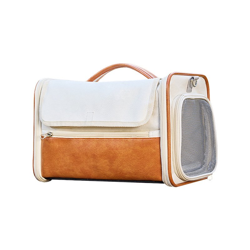 Cream & Brown Faux Leather Trim Pet Carrier Handbag, Side Mesh Window Breathable Cat Bag, Multi-Pocket Portable Travel Bag for Small Dogs & Cats