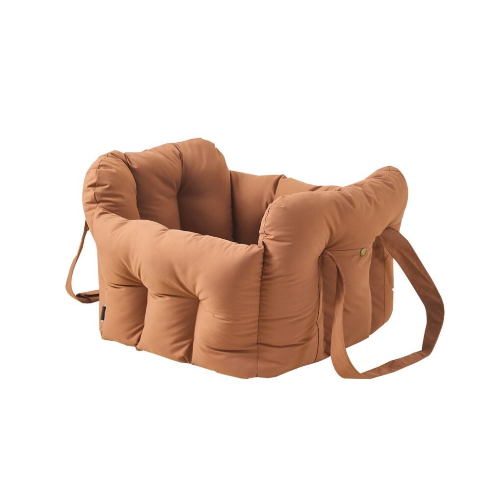 Brown Car Pet Bed, Segmented Thick Bolster Dog Car Seat, Hand Carry Straps With Storage Pocket, Dual Use Indoor & Travel Bed for Small Dogs & Cats