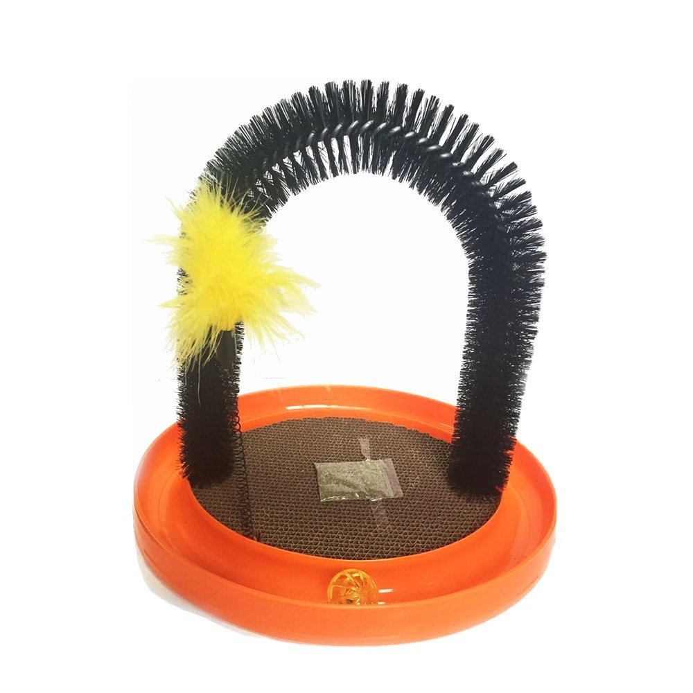 Cat Arch Groomer, Corrugated Scratcher Pad Turntable Toy with Feather Teaser, Self Play Cat Toy