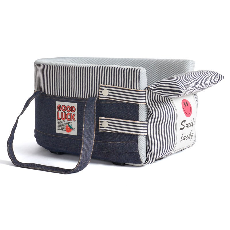 Denim striped pet car center console seat, portable hand-held dog booster seat with cartoon print for small pets