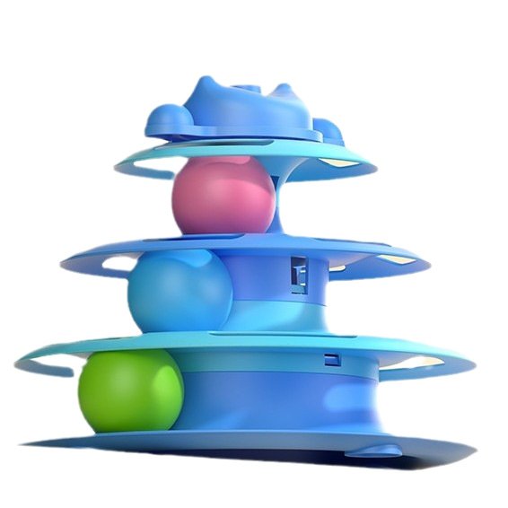 Multi-level interactive cat toy tower featuring a spinning ball track and a feather wand—perfect for solo play and relieving boredom.