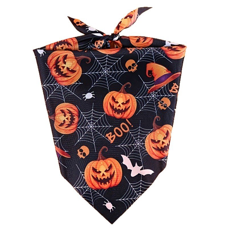 Pet Halloween bandana, pumpkin bat spider web print, tie-on neck scarf for cats and dogs, party photo bib