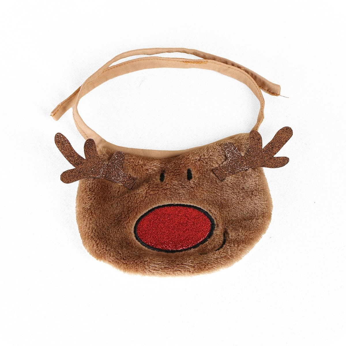 Pet Christmas reindeer bib, glitter antler & red nose design, tie-on holiday bib for cats and dogs, pet photo decoration