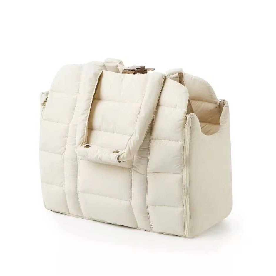 Beige quilted warm pet tote bag, portable single shoulder pet carrier, thick soft bag for dog cat travel