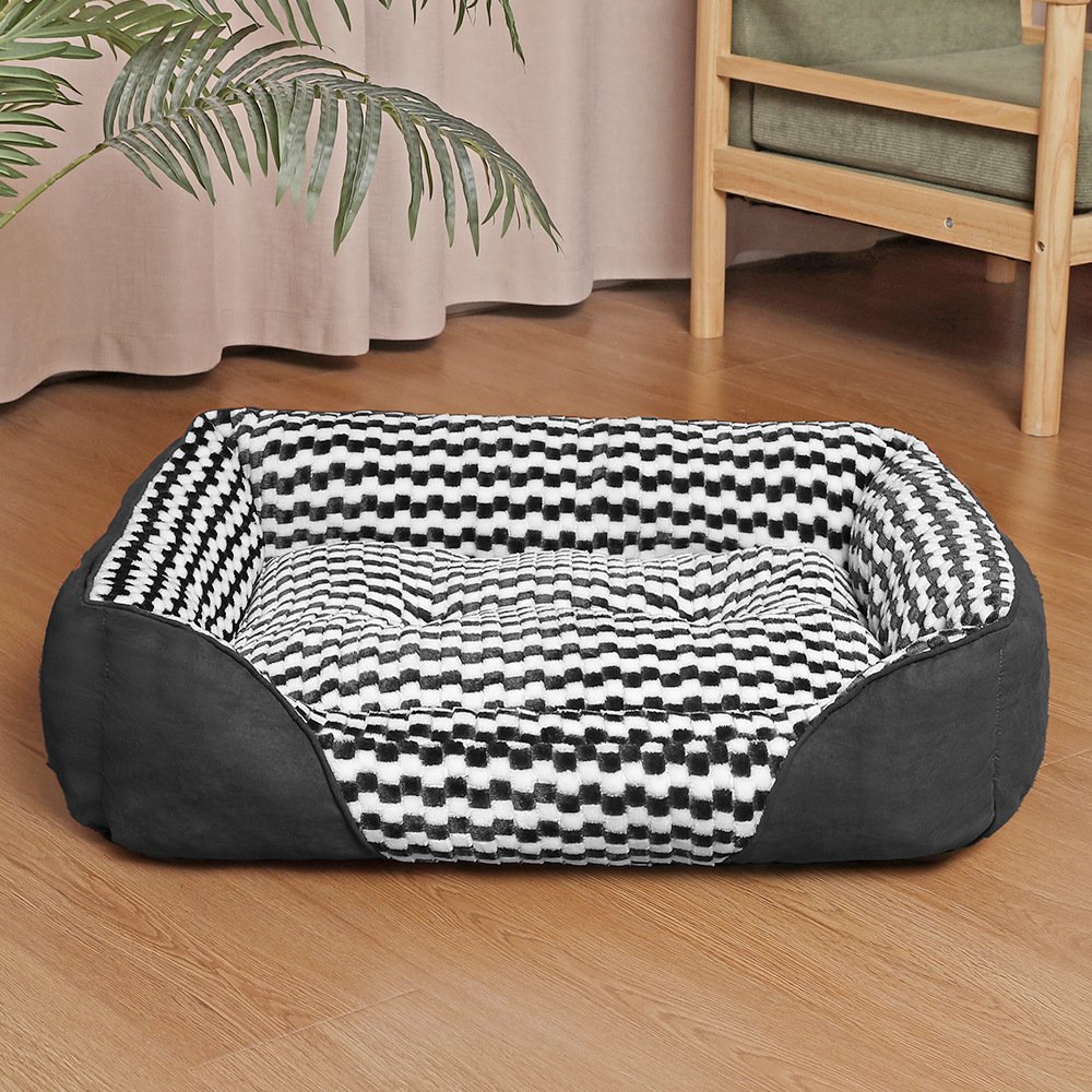 Brown White Checkered Plush Square Pet Bed, Surrounding High Bolster Warm Pet Couch for Small & Medium Dogs and Cats - Image 5