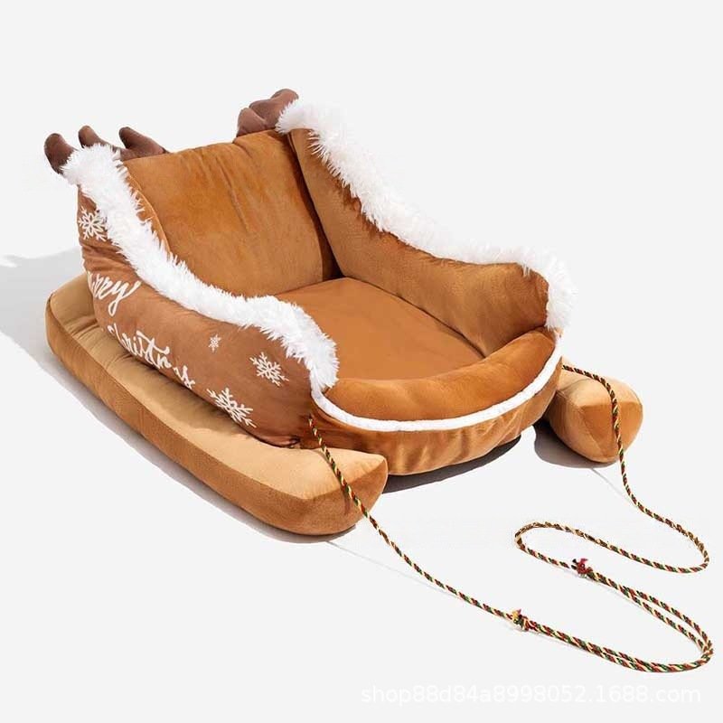Christmas sleigh shaped pet bed, reindeer antler plush sleigh dog cat couch, embroidered snowflake festive warm bed for small pets