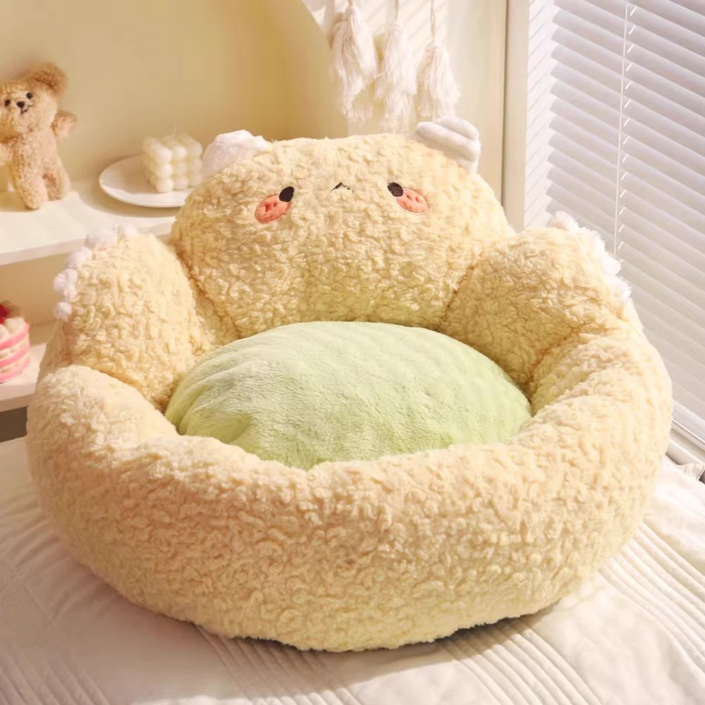 Cute sheep shaped plush pet sofa bed, round cat bed with 3D face surround bolster, removable washable mat soft pet nest