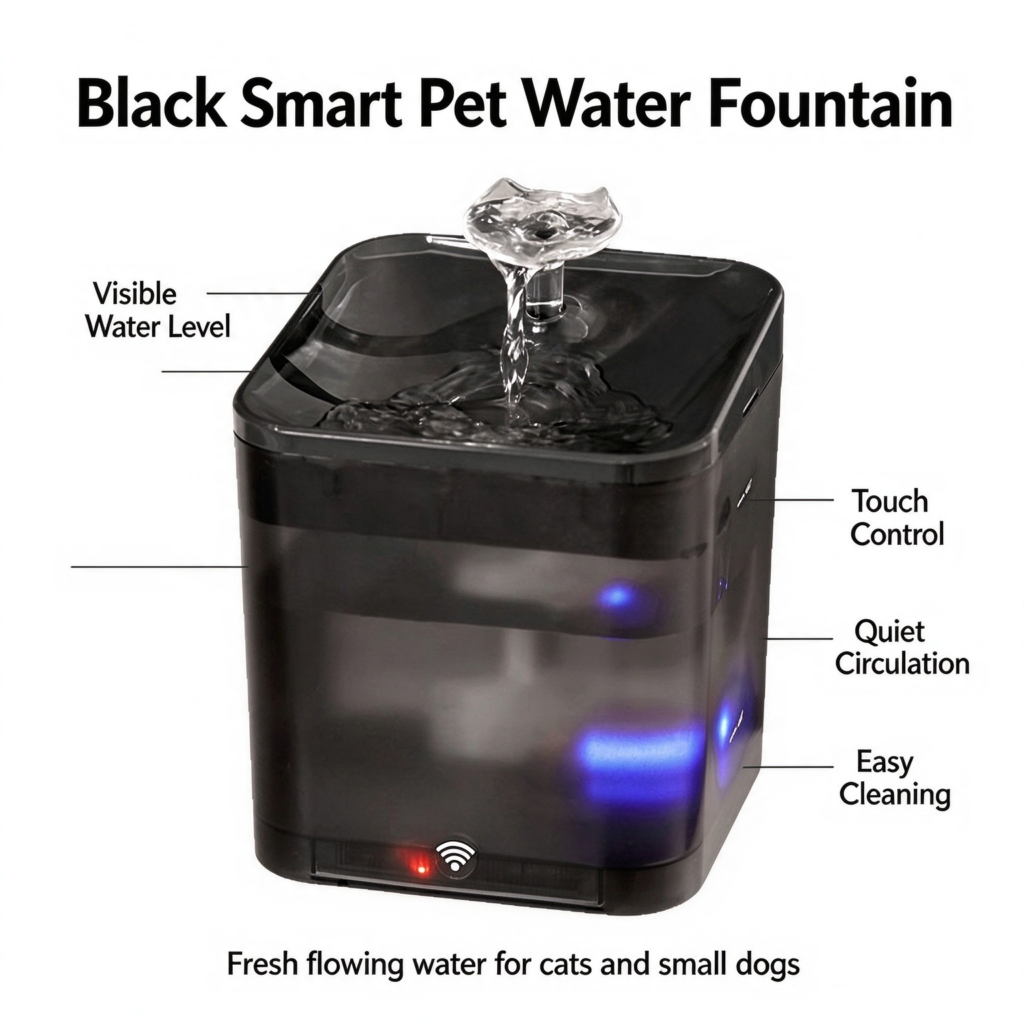 Black Smart Pet Water Fountain, visible water level, touch control, quiet circulating fresh water, auto water dispenser for cats small dogs