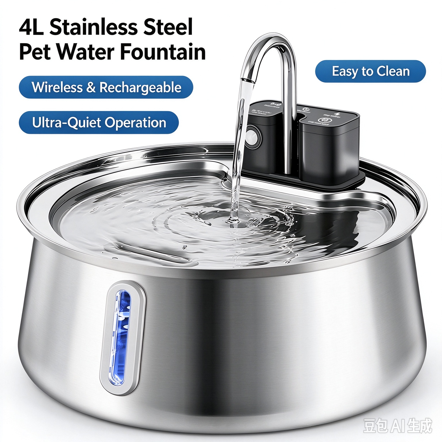 Wireless, Cordless Smart Automatic Stainless Steel Pet Water Fountain with Motion Sensor (Rechargeable) - Image 3