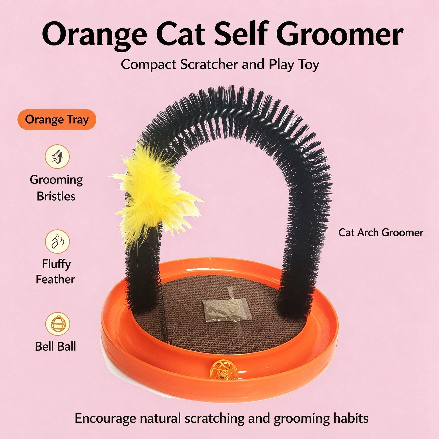 Cat Arch Groomer Scratcher Toy, Corrugated Scratch Pad Turntable with Feather Teaser & Catnip for Indoor Cats - Image 2