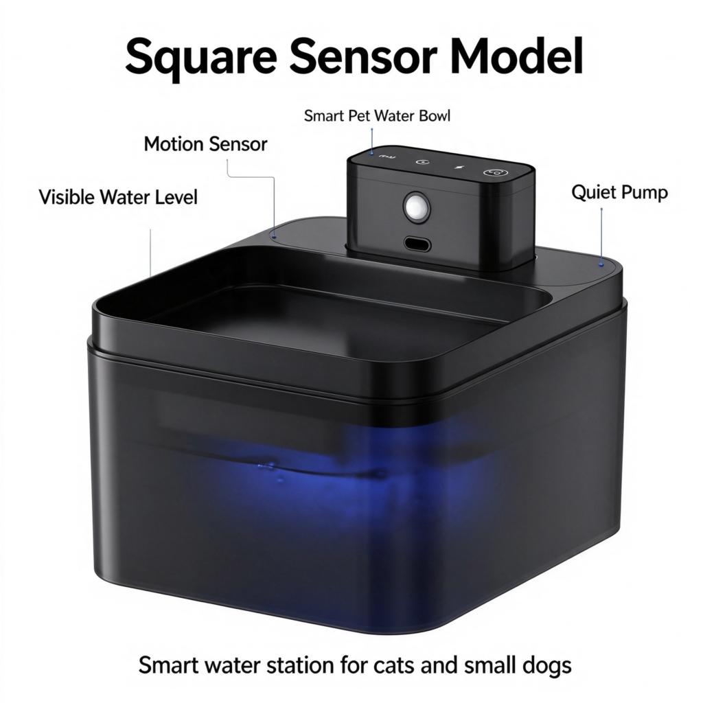 Square Sensor Smart Pet Water Fountain, motion sensor, visible water level, quiet pump, smart water station for cats small dogs