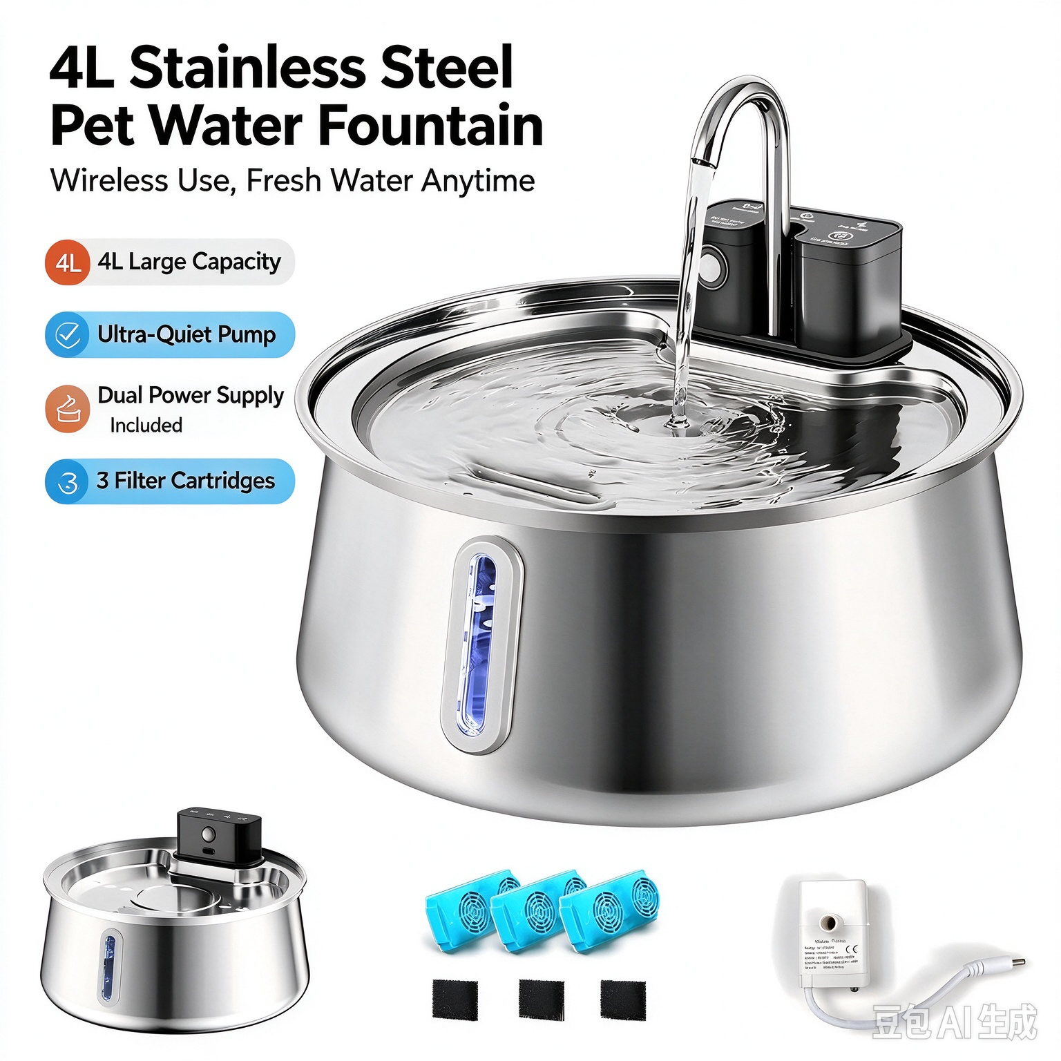 4L stainless steel wireless pet water fountain with ultra quiet pump, dual power supply and 3 filter cartridges, automatic water dispenser for cats and dogs