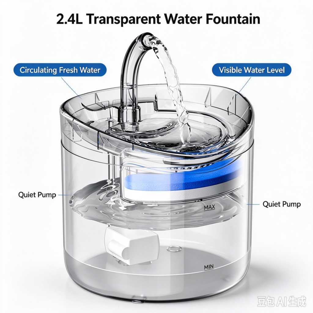 2.4L transparent pet water fountain with quiet pump, circulating fresh water and visible water level, automatic drinking dispenser for cats and small dogs