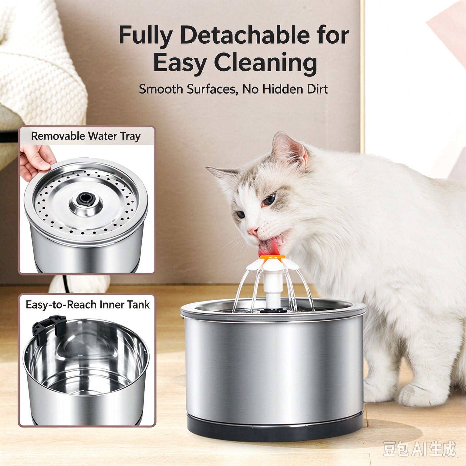 304 Stainless Steel Pet Smart Water Fountain 2.5L Silver Wing Cat Water Dispenser with Multi-Layer Filtration - Image 5
