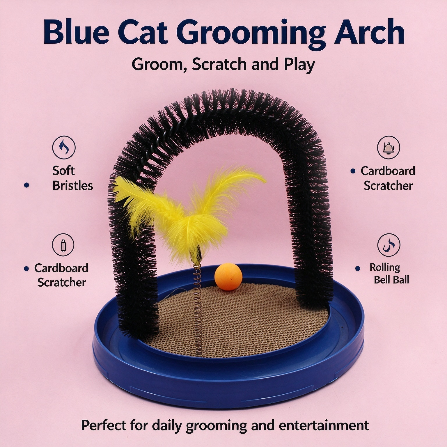 Cat Arch Groomer Scratcher Toy, Corrugated Scratch Pad Turntable with Feather Teaser & Catnip for Indoor Cats - Image 3