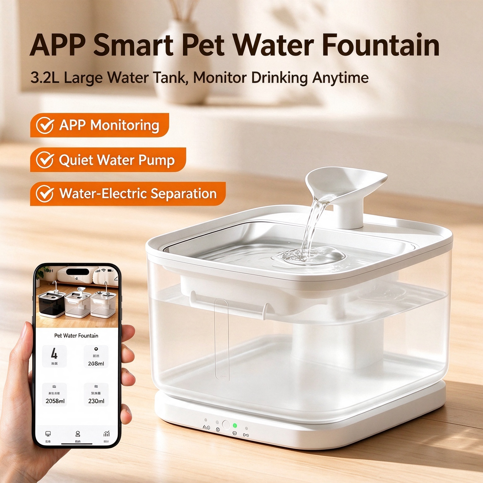 Smart Pet Water Fountain with App Health Monitoring, Wireless Pump, Automatic Sensor, and Stainless Steel Basin - Image 5