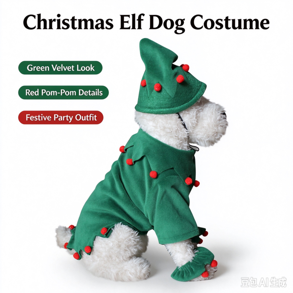 Christmas Elf Dog Costume, green velvet look with red pom-pom details, festive party outfit for small and medium dogs