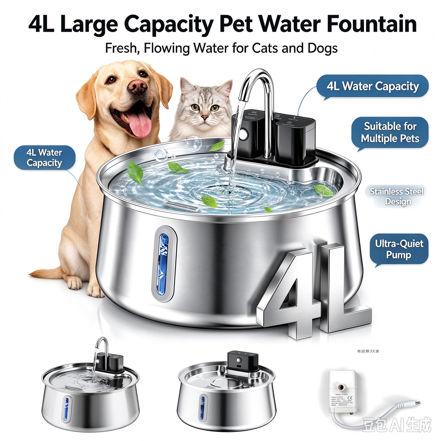 Wireless, Cordless Smart Automatic Stainless Steel Pet Water Fountain with Motion Sensor (Rechargeable) - Image 5