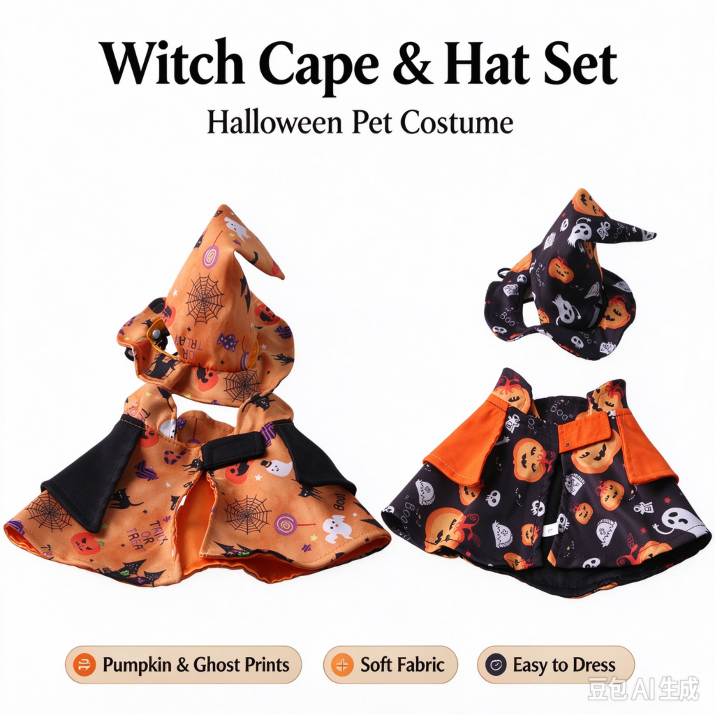 Witch Cape & Hat Set Halloween Pet Costume, pumpkin and ghost prints, soft fabric easy to dress for cats and small dogs