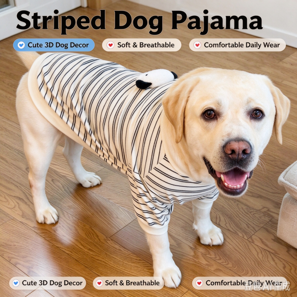 Striped Dog Pajama, soft breathable daily dog shirt with cute 3D dog decor, comfortable home wear for medium and large dogs