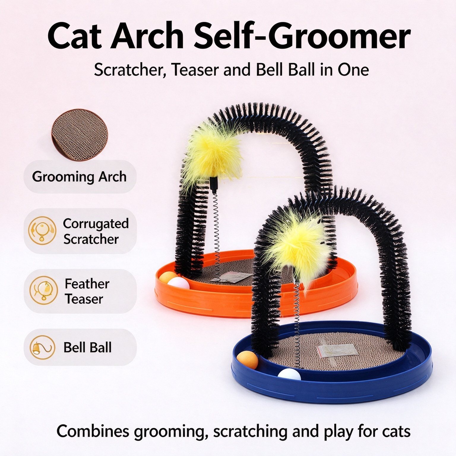 Cat Arch Groomer Scratcher Toy, Corrugated Scratch Pad Turntable with Feather Teaser & Catnip for Indoor Cats - Image 5