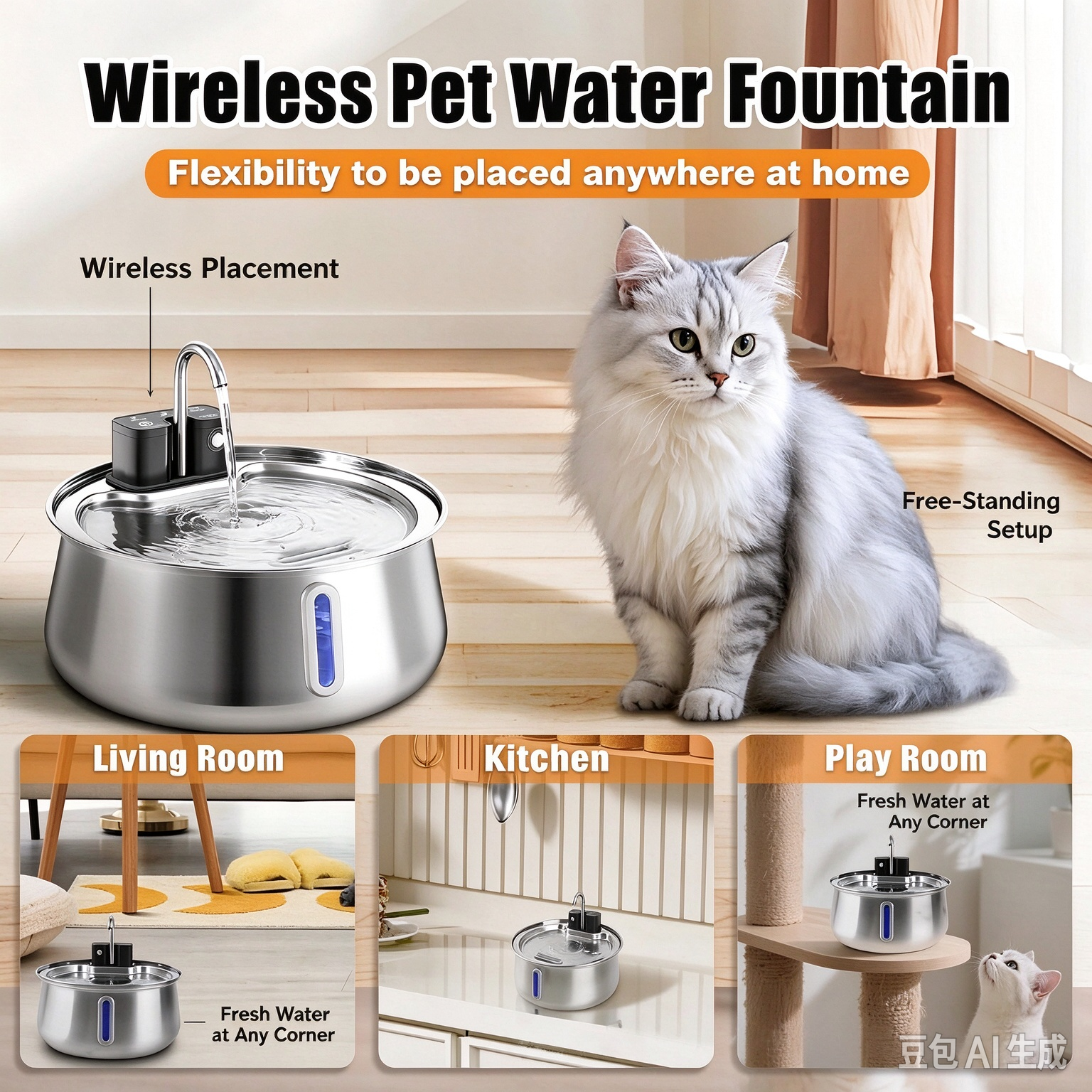 Wireless, Cordless Smart Automatic Stainless Steel Pet Water Fountain with Motion Sensor (Rechargeable) - Image 6
