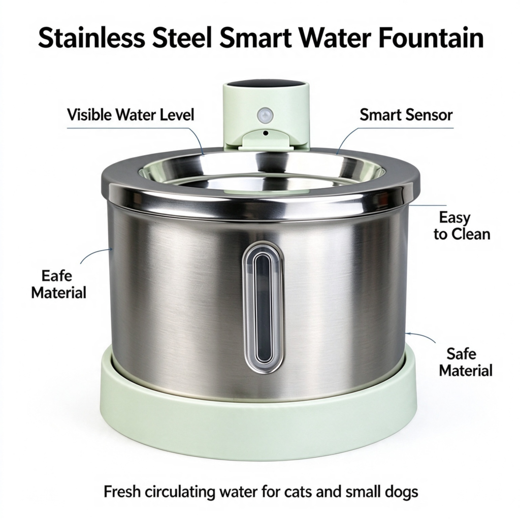 Stainless Steel Smart Pet Water Fountain, visible water level, smart sensor, safe material easy to clean, circulating water dispenser for cats small dogs