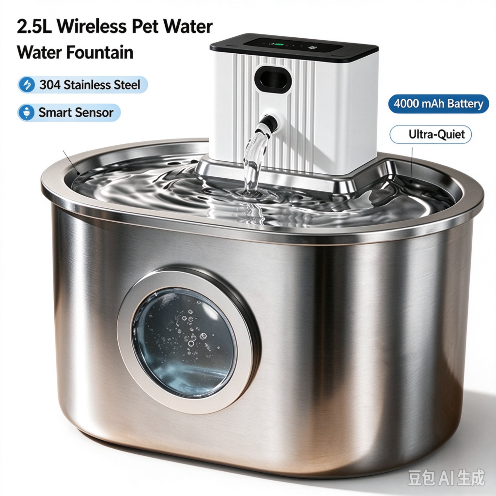 2.5L wireless pet water fountain with 304 stainless steel tank, 4000mAh battery, smart sensor and ultra quiet pump for cats and dogs