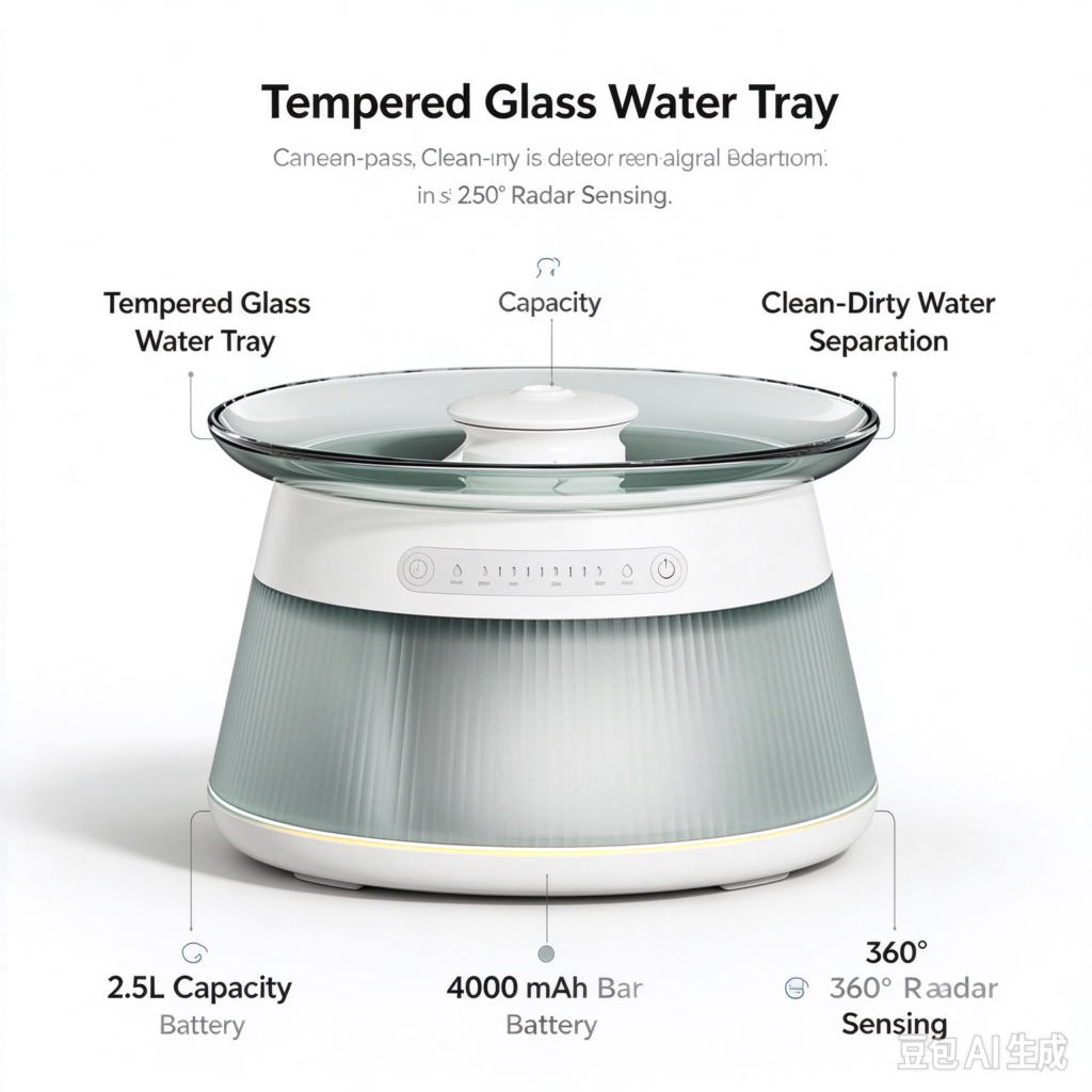 2.5L wireless pet water fountain with tempered glass tray, 4000mAh battery, 360° radar sensing and clean-dirty water separation for cats and dogs