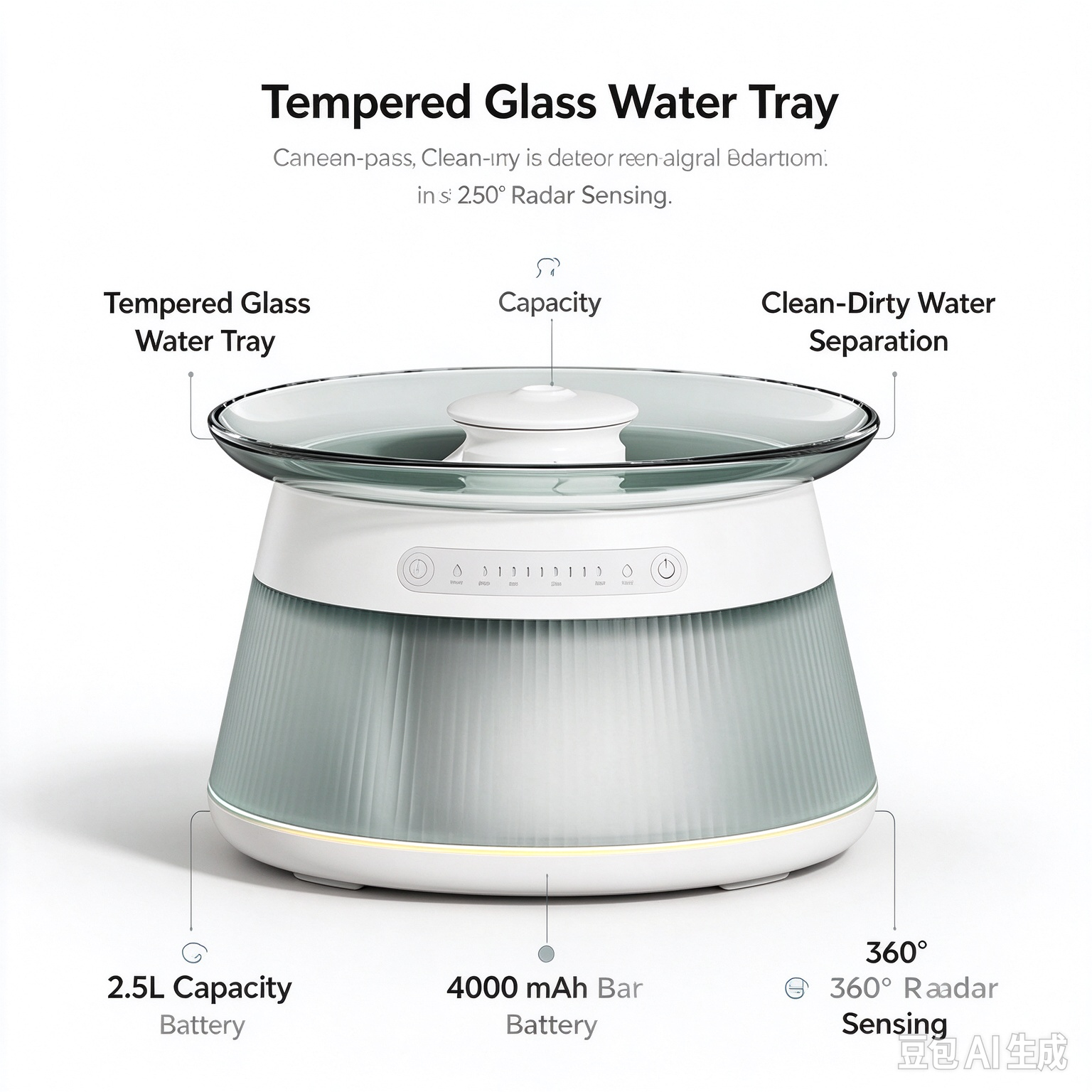 2.5L wireless pet water fountain with tempered glass tray, 4000mAh battery, 360° radar sensing and clean-dirty water separation for cats and dogs