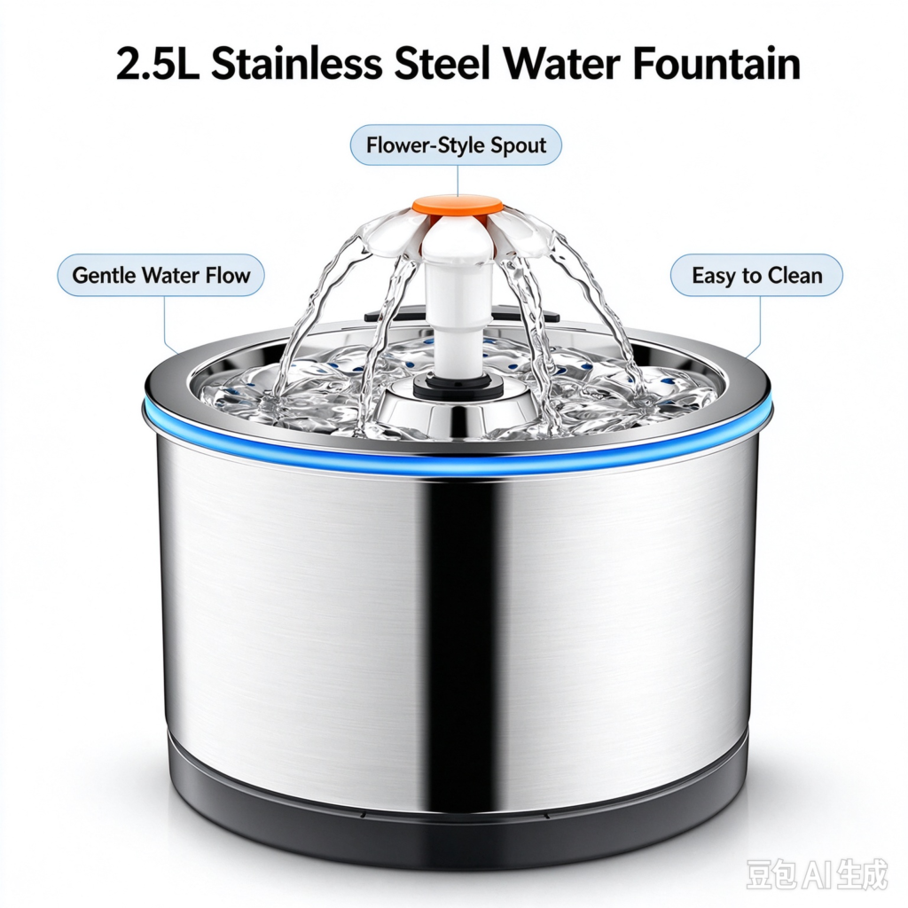 2.5L stainless steel pet water fountain with flower-style spout, gentle water flow and blue ambient light, automatic circulating water dispenser for cats and dogs