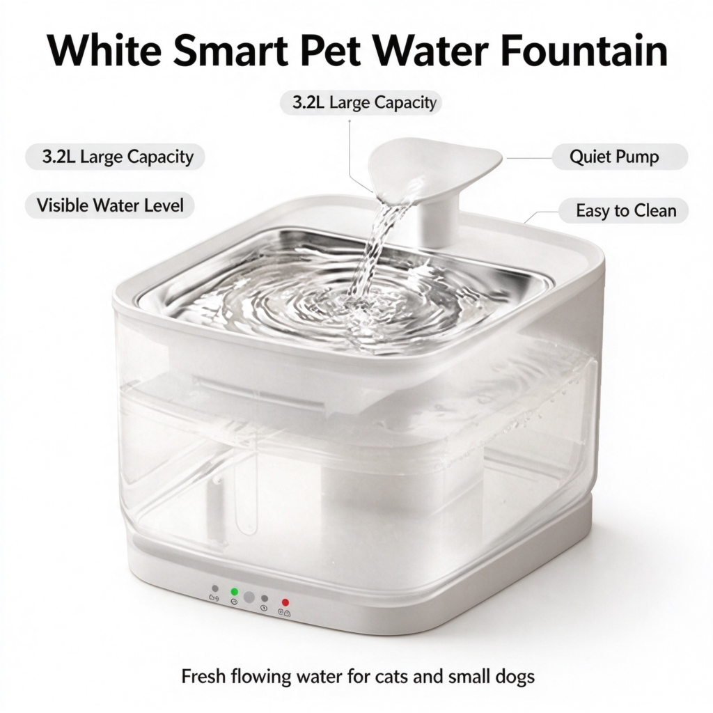 White Smart Pet Water Fountain,3.2L large capacity,visible water level,quiet pump,easy clean stainless tray for cats small dogs
