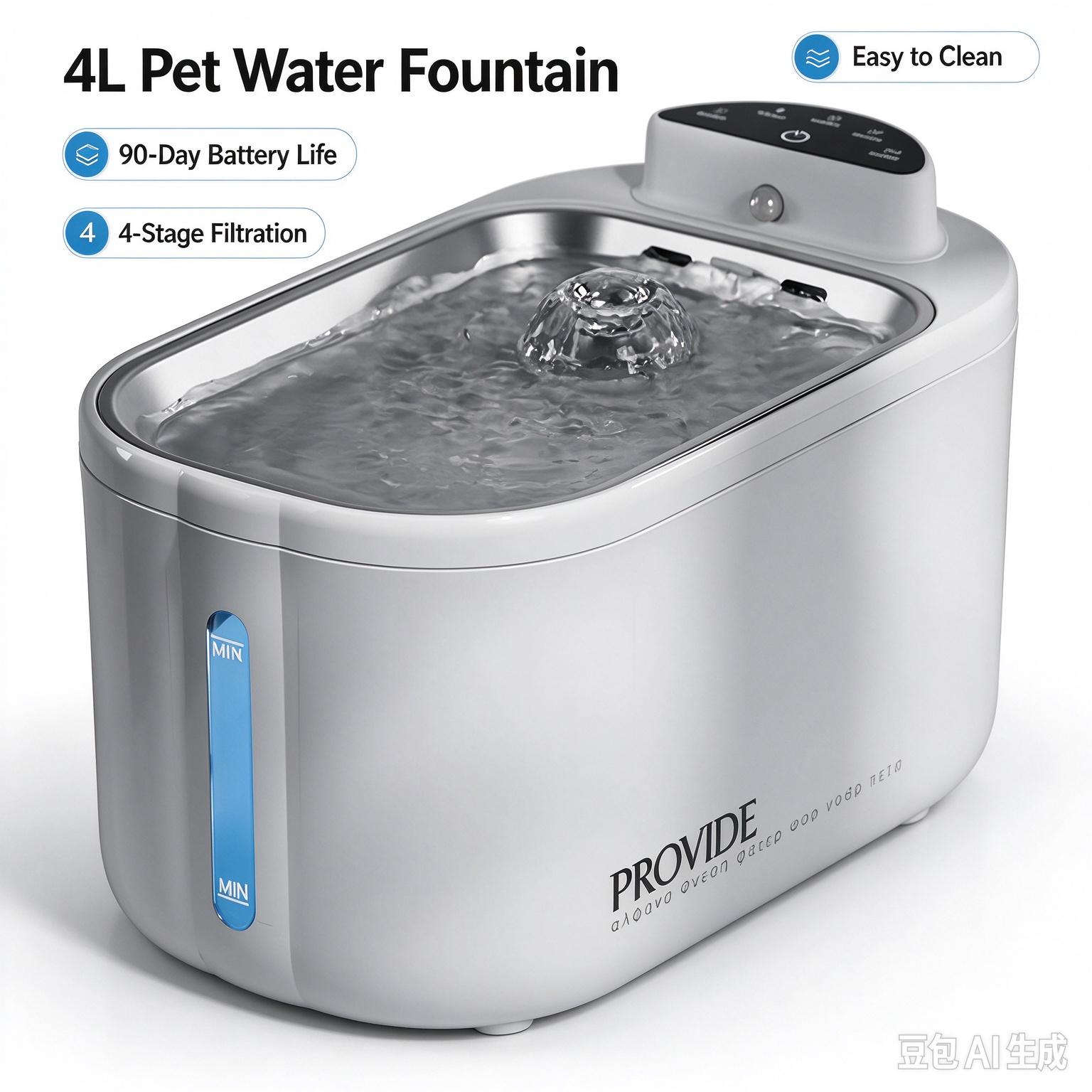 PROVIDE 4L wireless pet water fountain with 90-day battery life and 4-stage filtration, automatic water dispenser for cats and dogs
