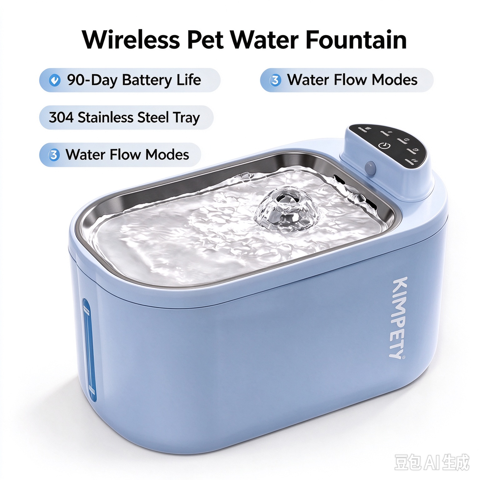 KIMPETY wireless pet water fountain with 90-day battery life, 3 adjustable water flow modes and 304 stainless steel tray for cats and dogs