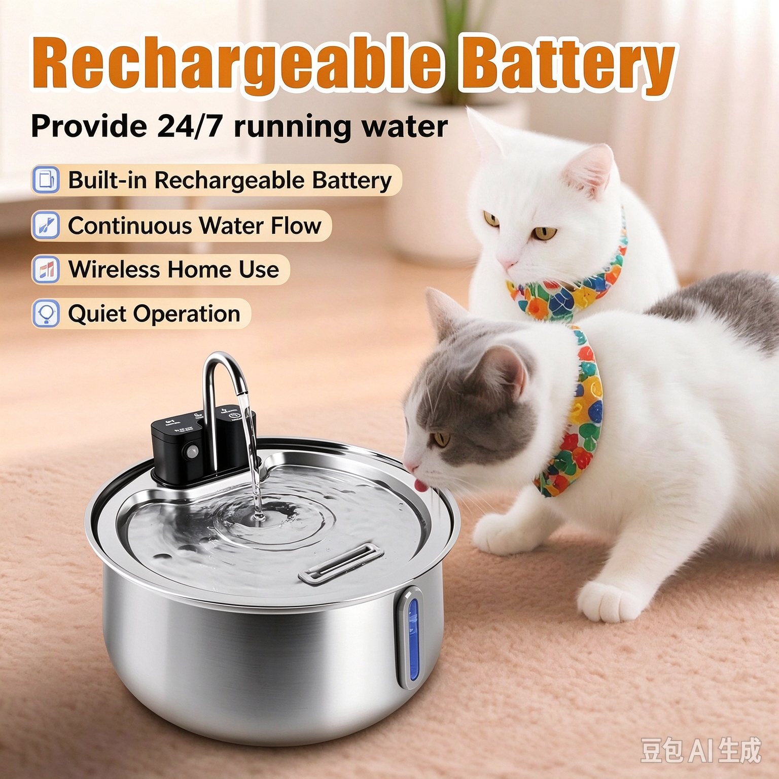 Wireless, Cordless Smart Automatic Stainless Steel Pet Water Fountain with Motion Sensor (Rechargeable) - Image 7