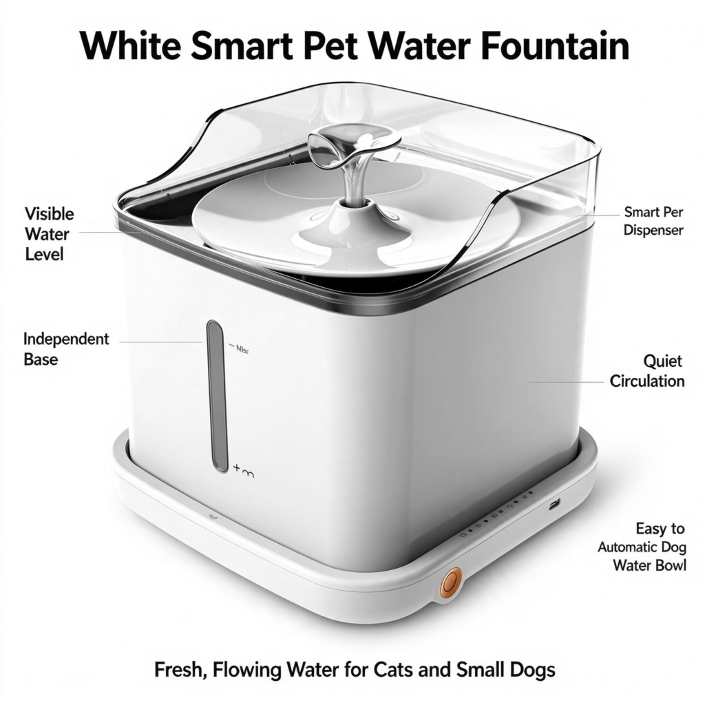 White Smart Pet Water Fountain, visible water level, independent base, quiet circulating fresh water, auto water dispenser for cats small dogs