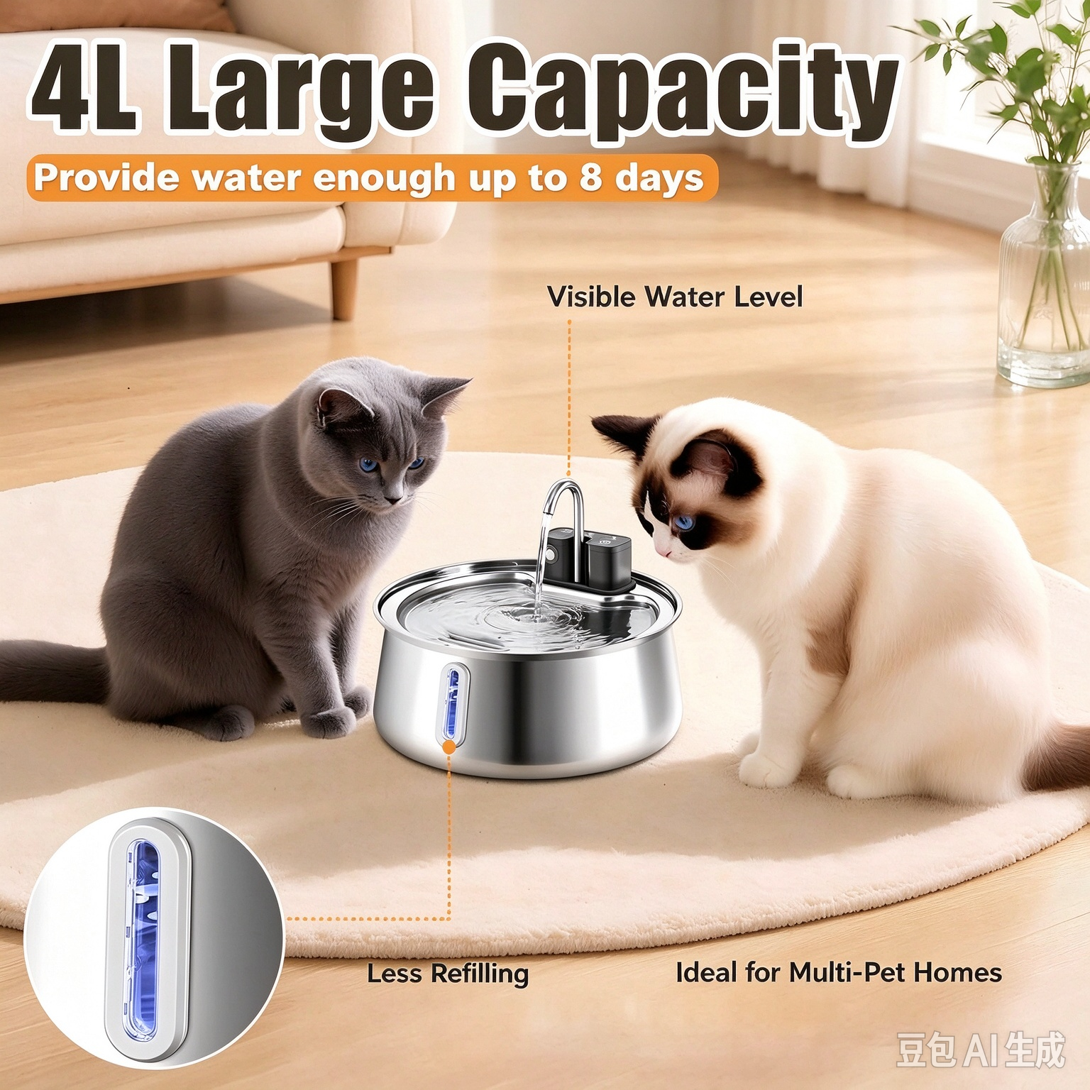 Wireless, Cordless Smart Automatic Stainless Steel Pet Water Fountain with Motion Sensor (Rechargeable) - Image 2