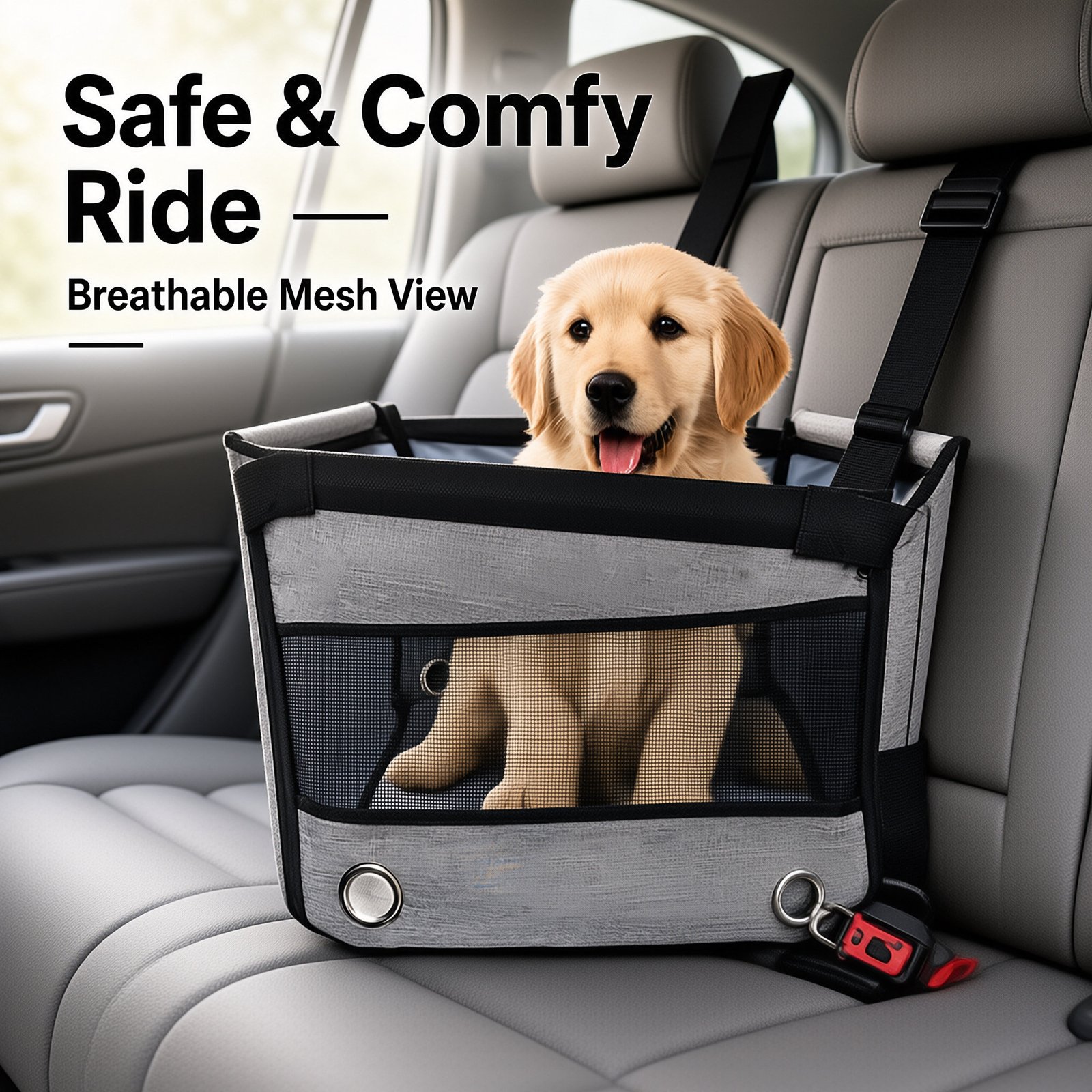 Breathable Dog Car Crate for Medium Large Dogs, Waterproof Foldable Back Seat Pet Travel Carrier with Visual Mesh - Image 5