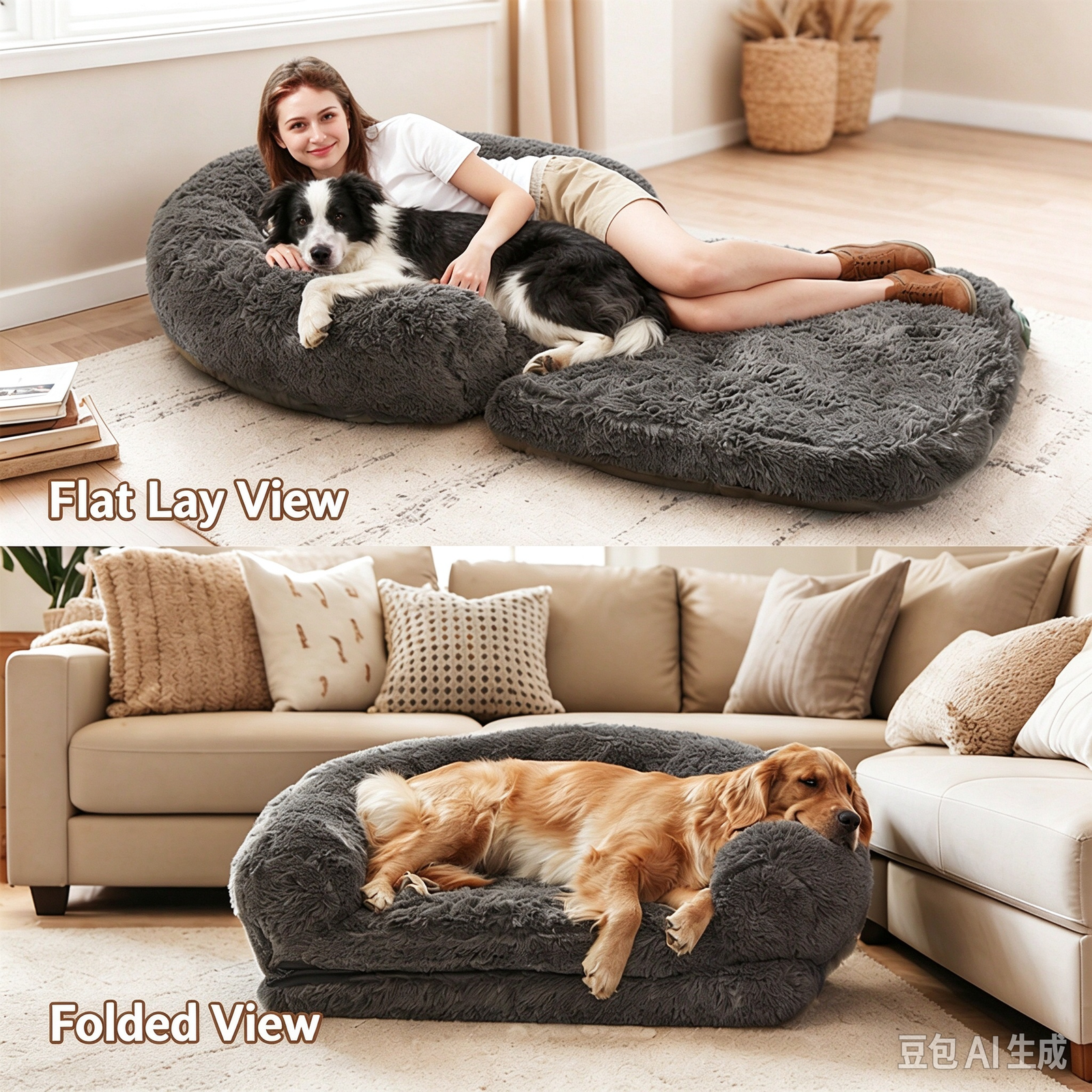 Expandable Extra Long Plush Pet Sofa Bed, U Bolster Neck Support Large Dog Bed, Waterproof Non-slip Base with Carry Handle Removable Washable Pet Couch - Image 6